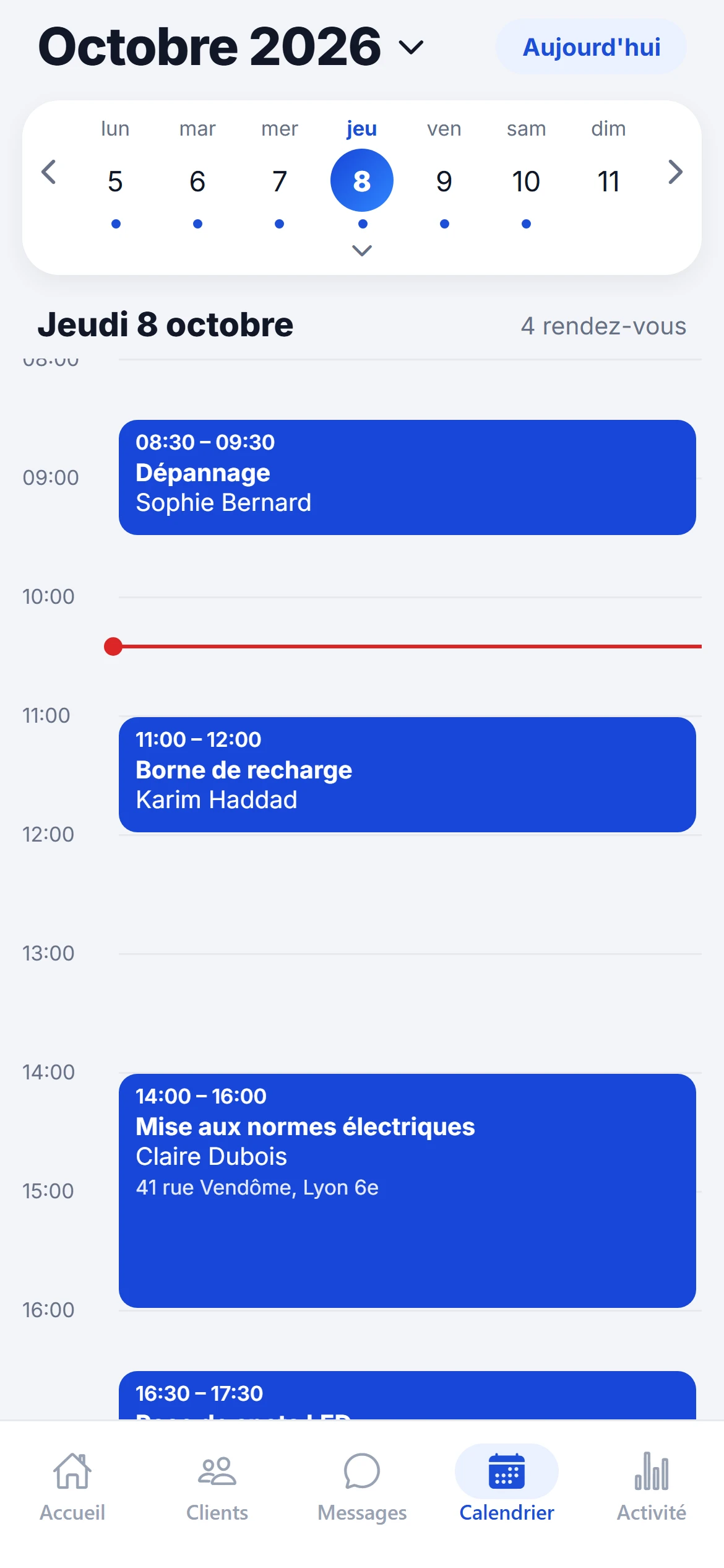 Le calendrier du jour dans l'application