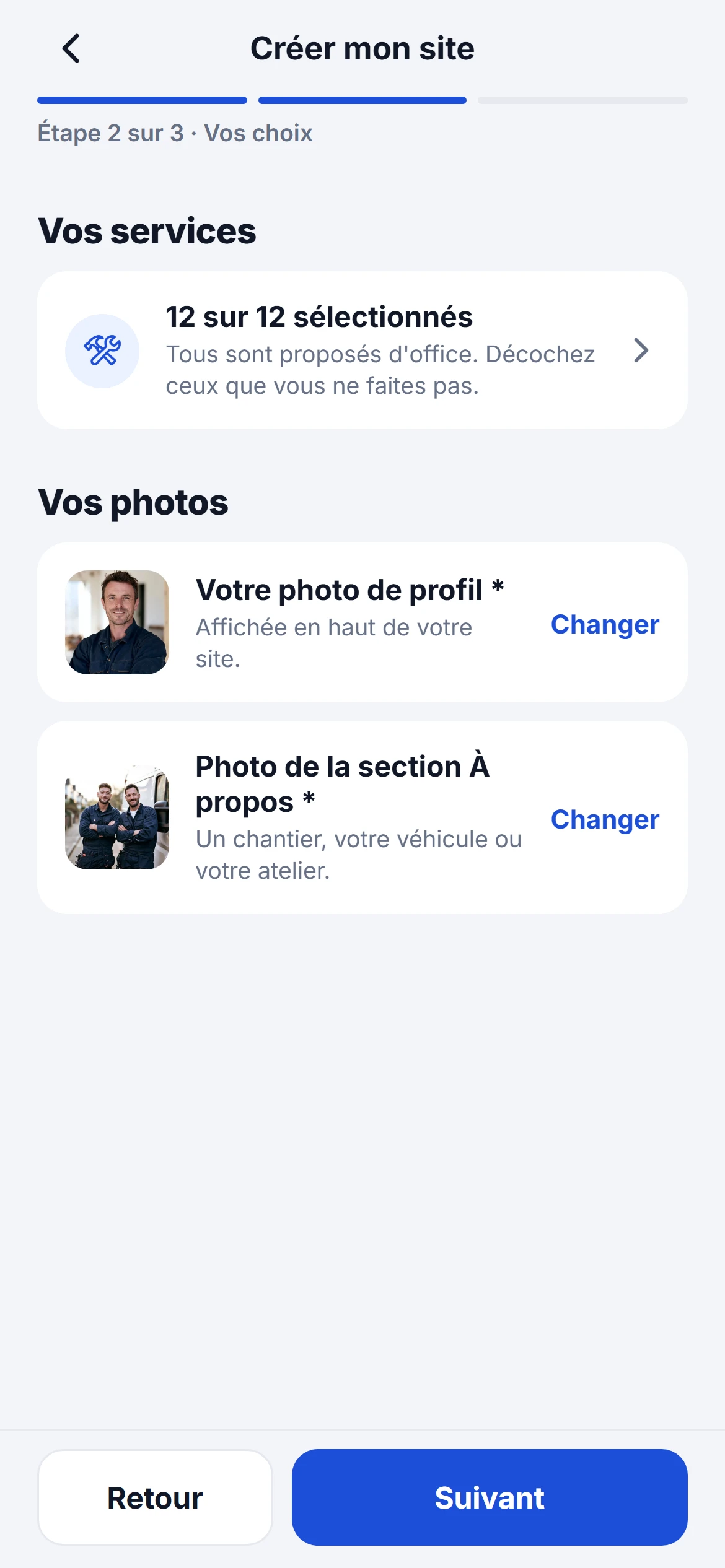 Étape 2 : choix des services proposés et des photos