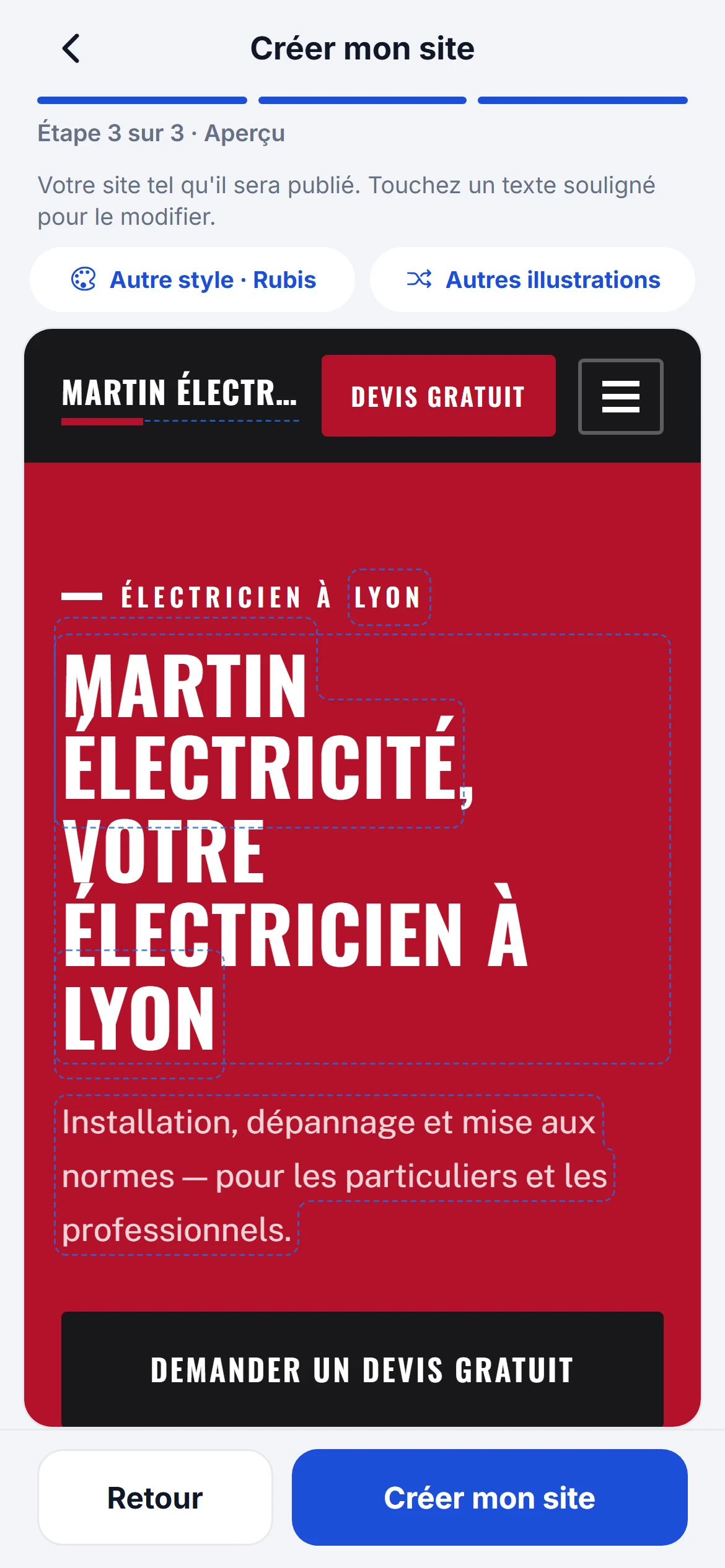 Aperçu d'un site créé depuis l'application