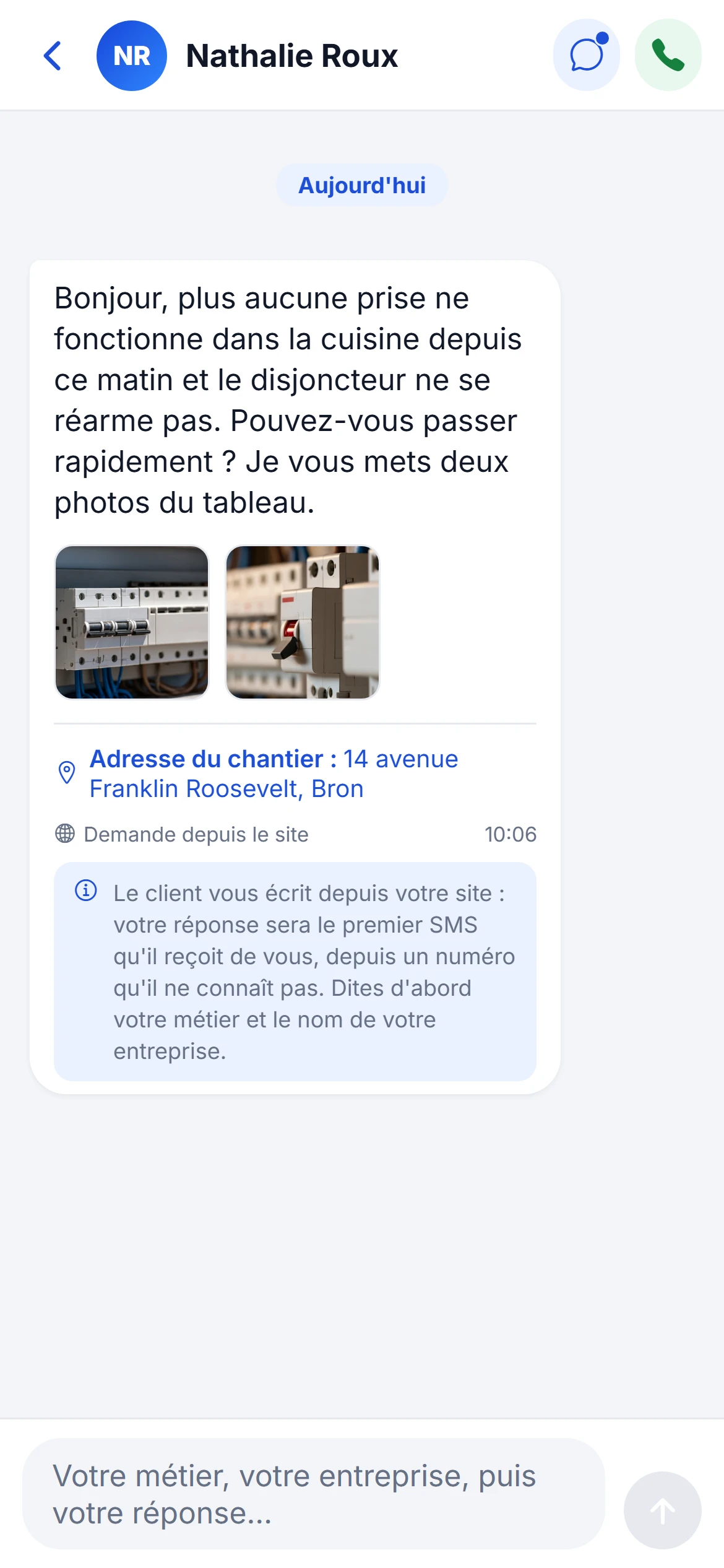Une demande de devis reçue dans l'application