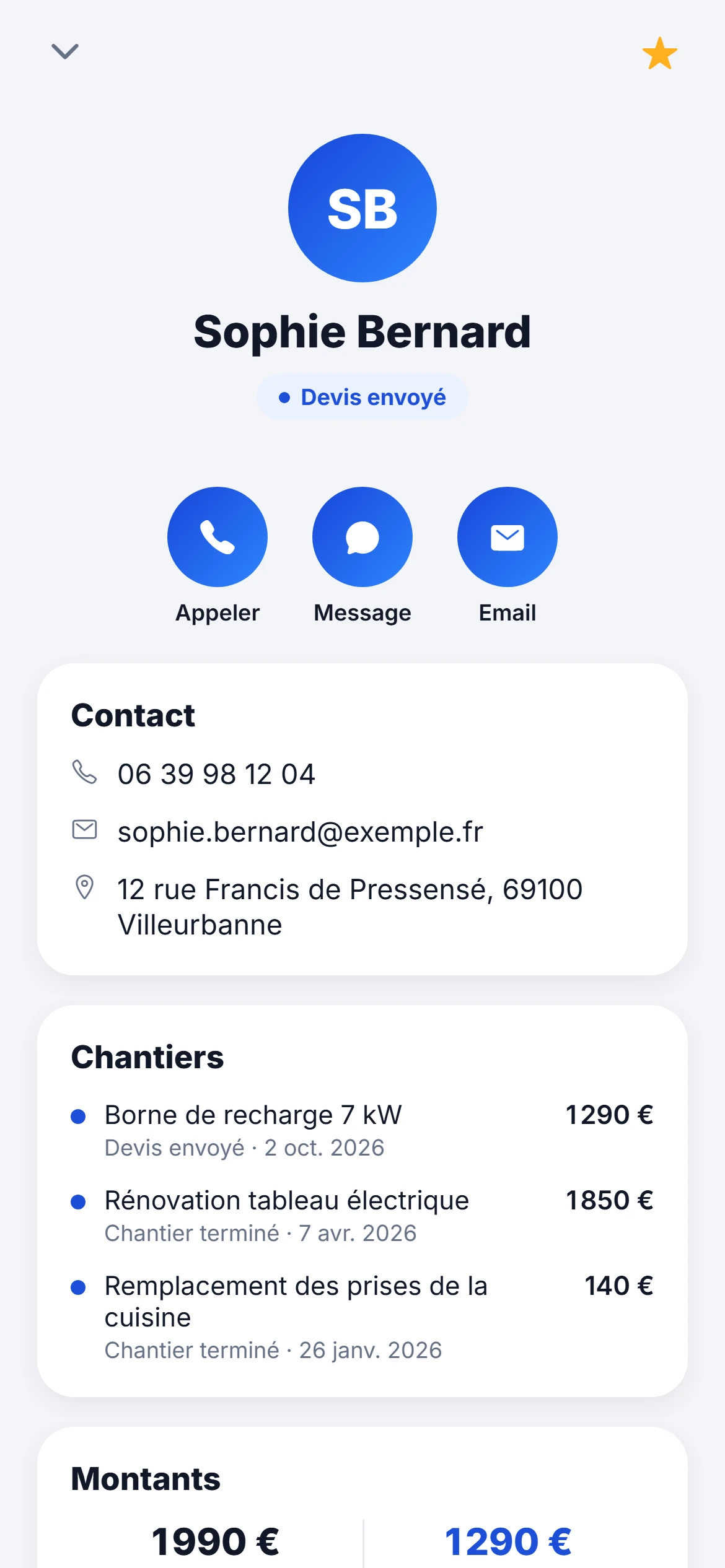 La fiche d'un client dans l'application