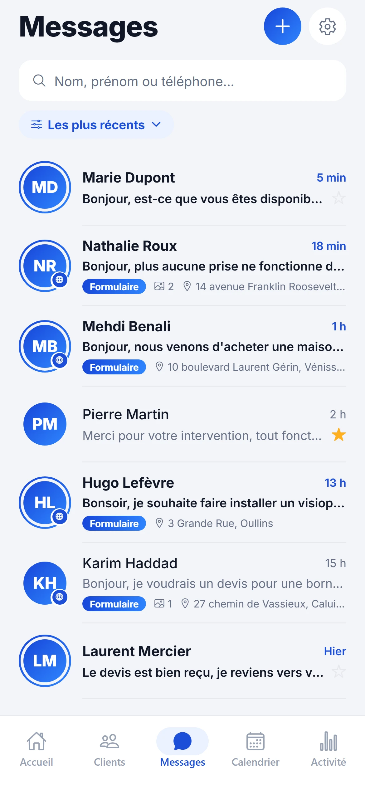 La liste des conversations avec les clients
