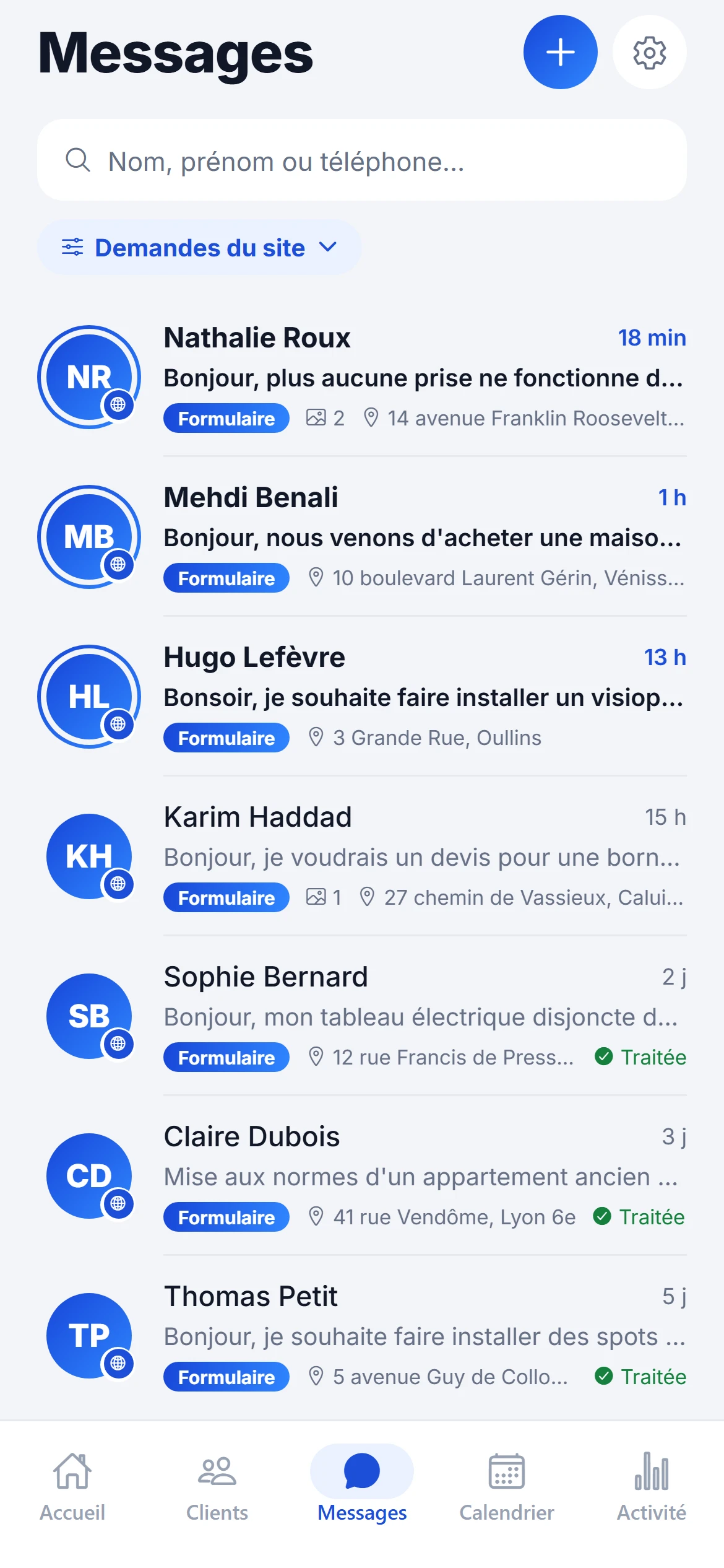 Liste des demandes reçues depuis le site