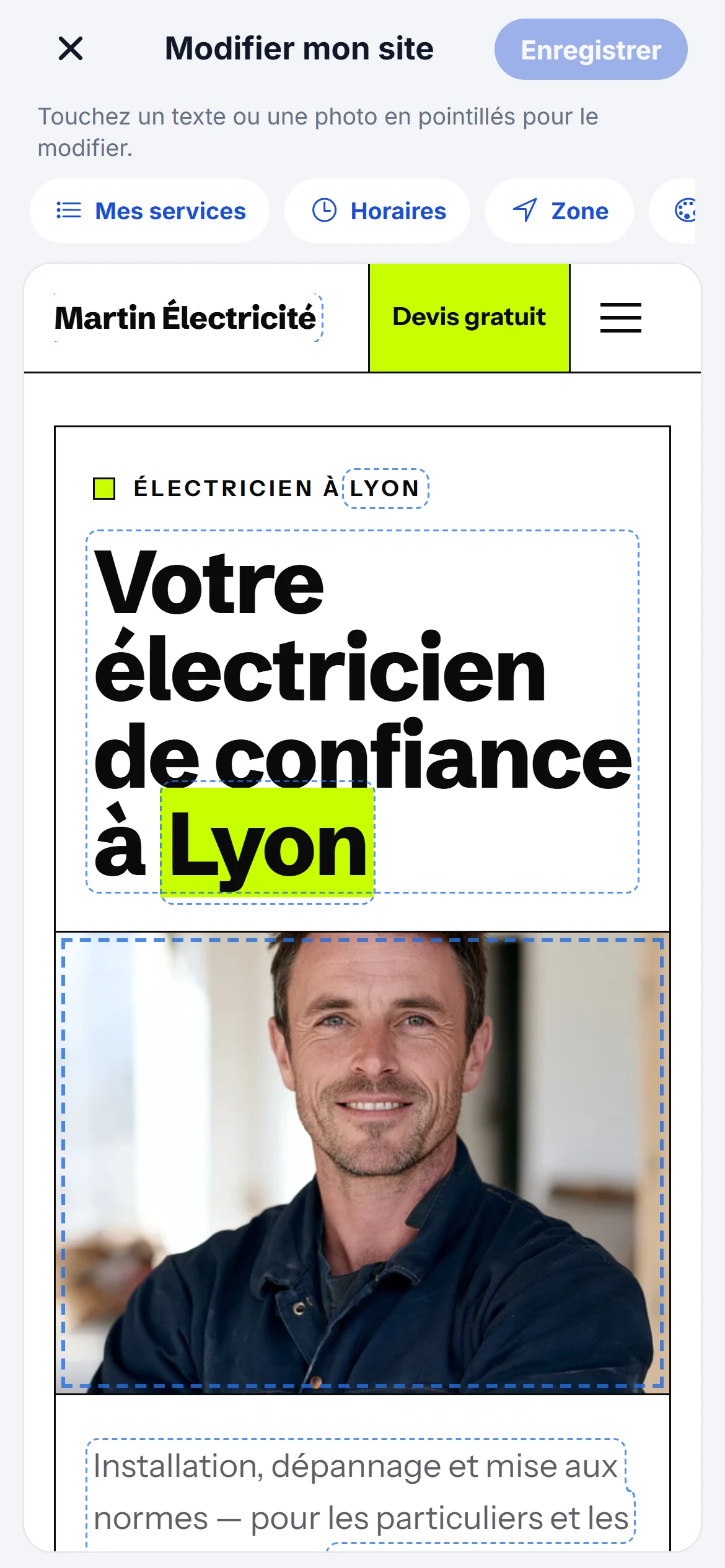 Écran Modifier mon site : l'aperçu du site dans l'application