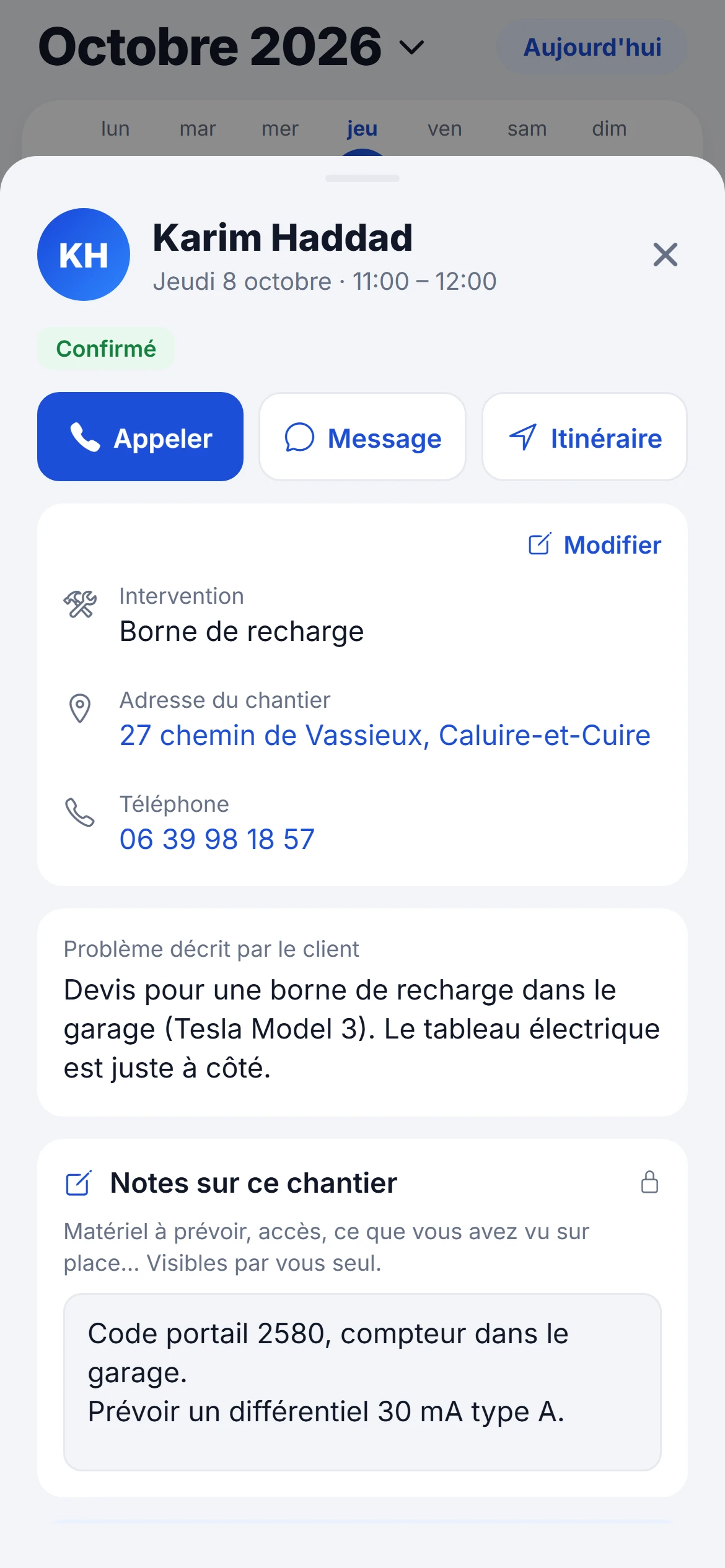 La fiche d'un rendez-vous avec l'adresse et les notes de chantier
