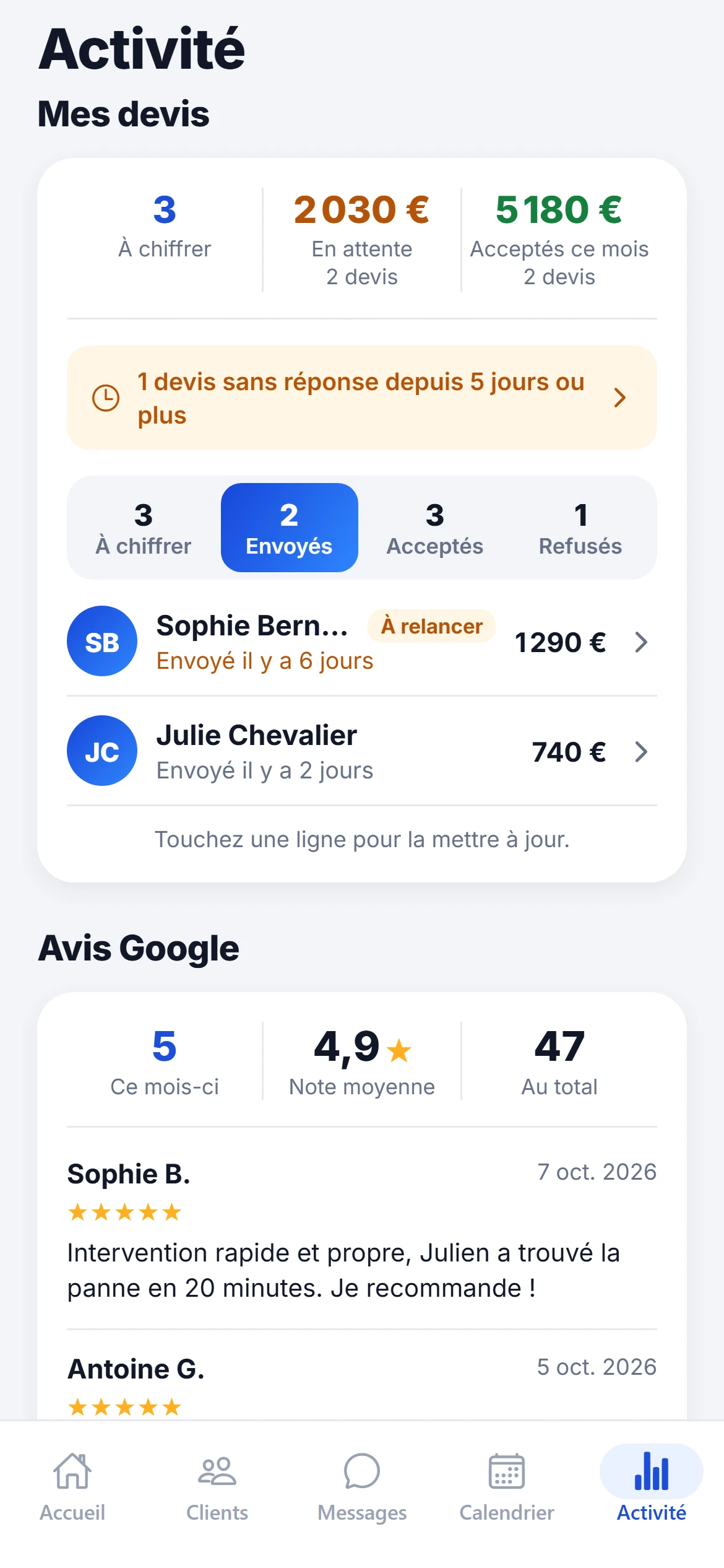 Les devis envoyés, dont un à relancer